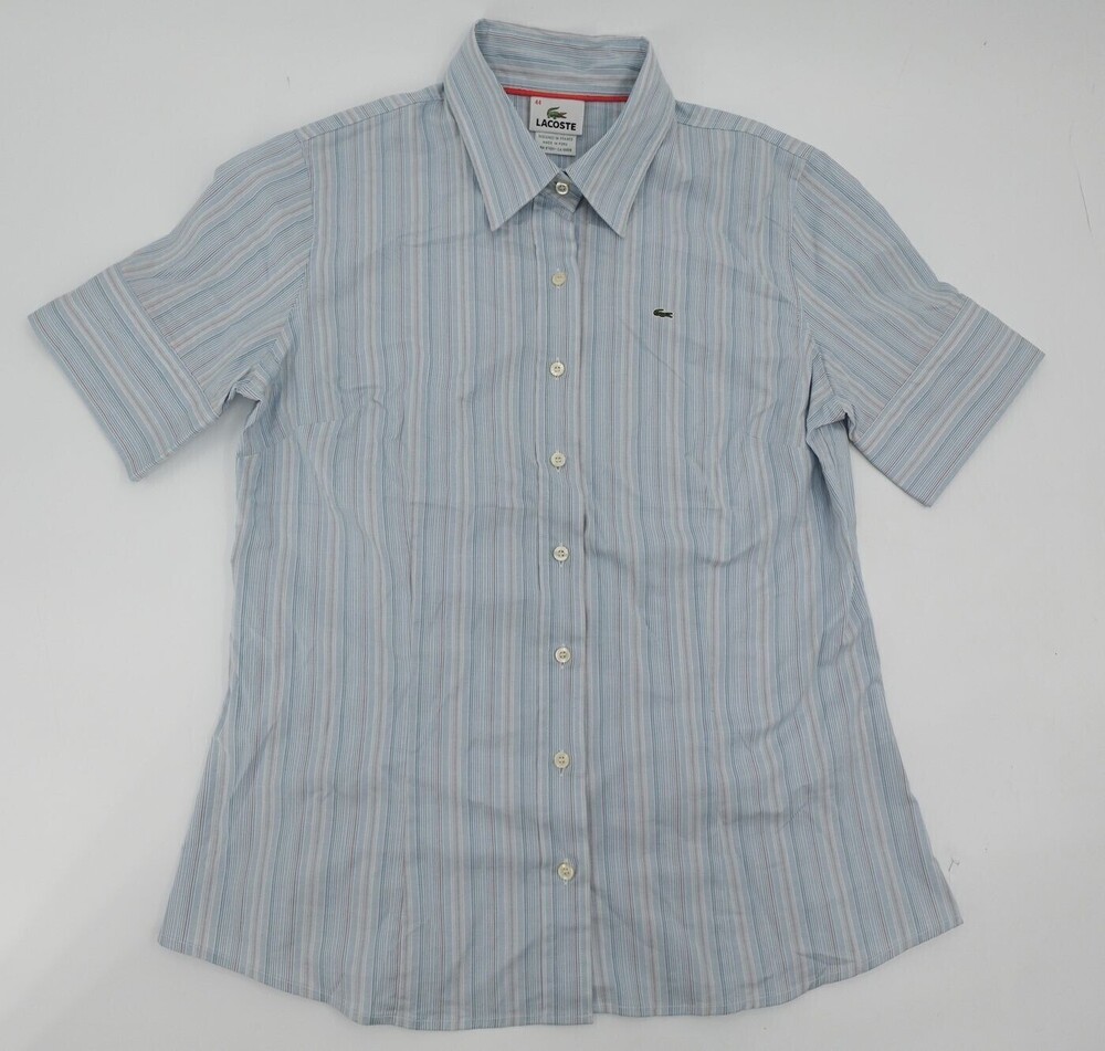 Lacoste Button-Up Shirt Womens Size 44 Blue Striped Short Sleeve Cotton Stretch